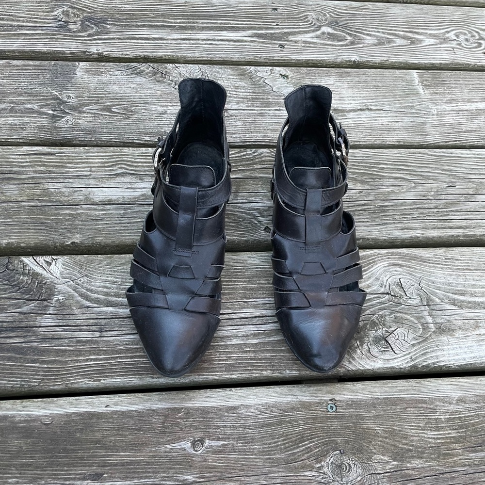 Women's Shoes: Black Leather Cutout Ankle Boots